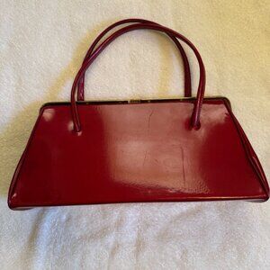 Vintage 1960s Cherry Red Patent Leather Top Handle Handbag with Gold Hardware
